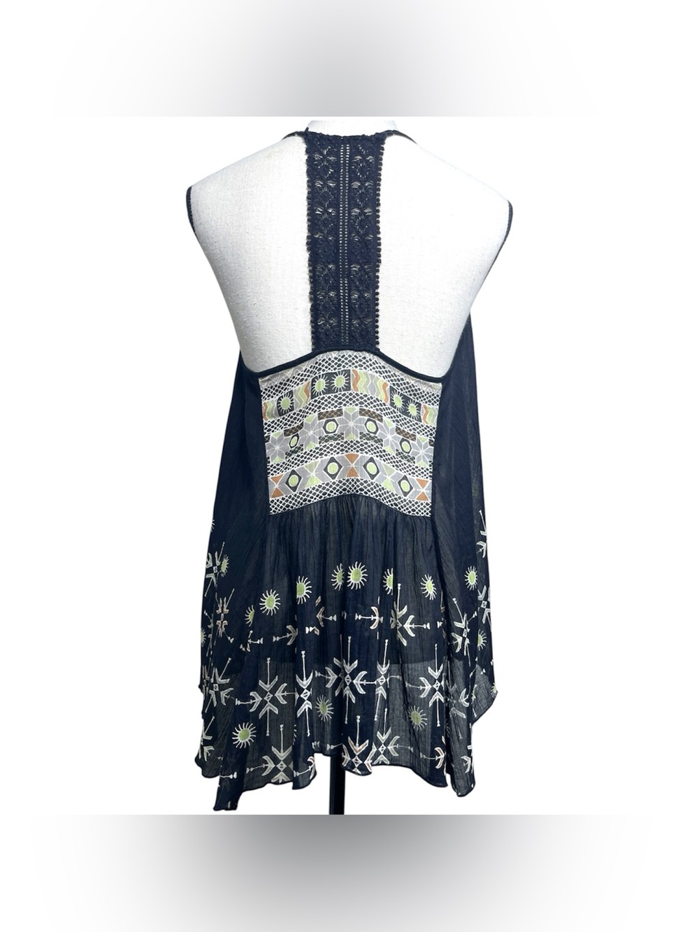 Free People Tribal Sun Racerback Flowy Tank Top Beach Festival Black Cami, S
